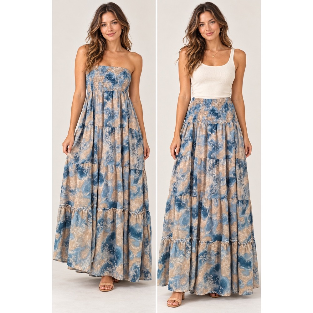 Zeagoo Blue Tan Marble Print Smocked Tiered Maxi Skirt Convertible Dress XL